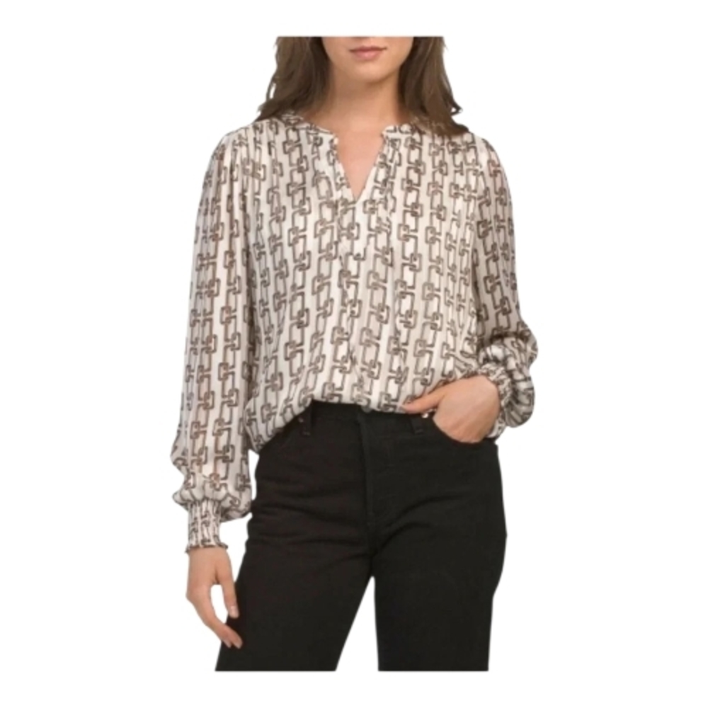 Chic Geometric Print Blouse - Black and White,Sz Small
